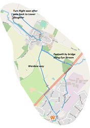 Wardens Way to L/Slaughter, Old Mill, Mill Lane, t/r Copse Hill Road, Eye Stream f/path, Ind. Est.
